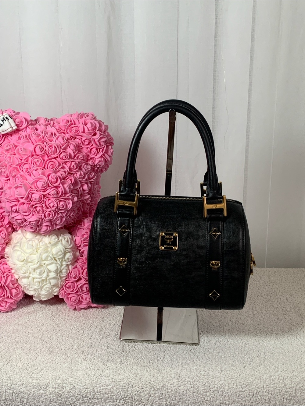 GUC MCM Munchen Black Texture Grained Leather Boston Bag